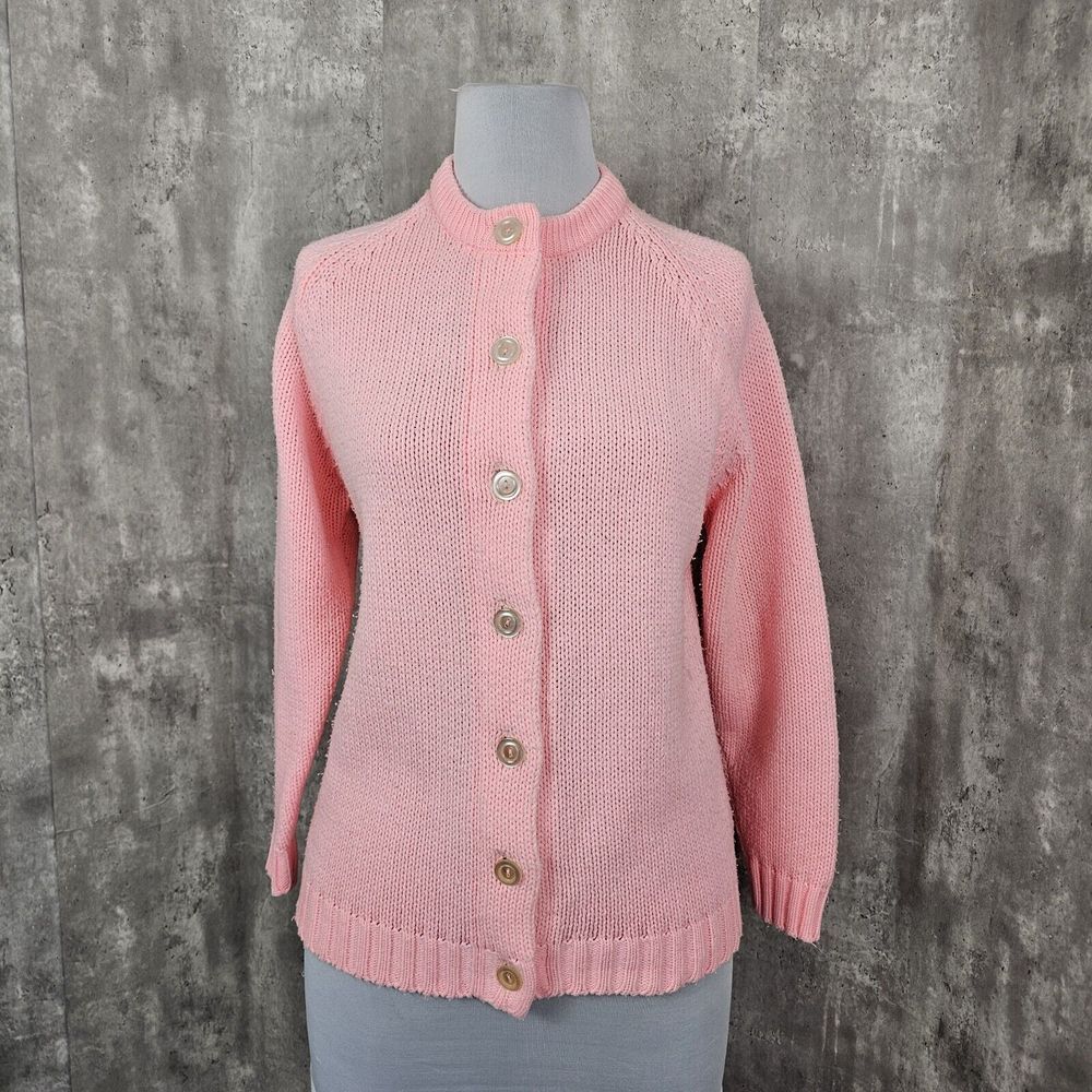 Vintage 70s Womens M Acrylic Knit Bright Pink Cardigan Sweater Preppy Sock Hop